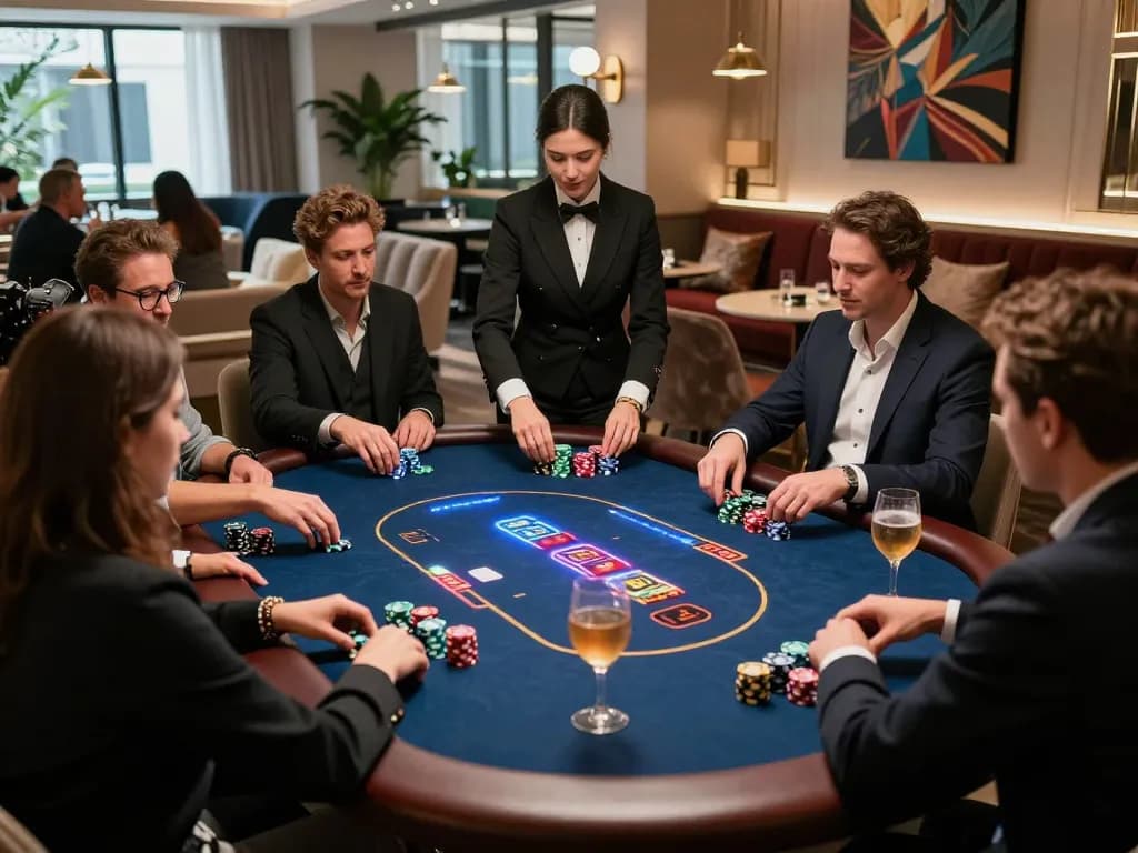 Engaged players at https://bong99.pro/ high-stakes poker game in a vibrant casino lounge.