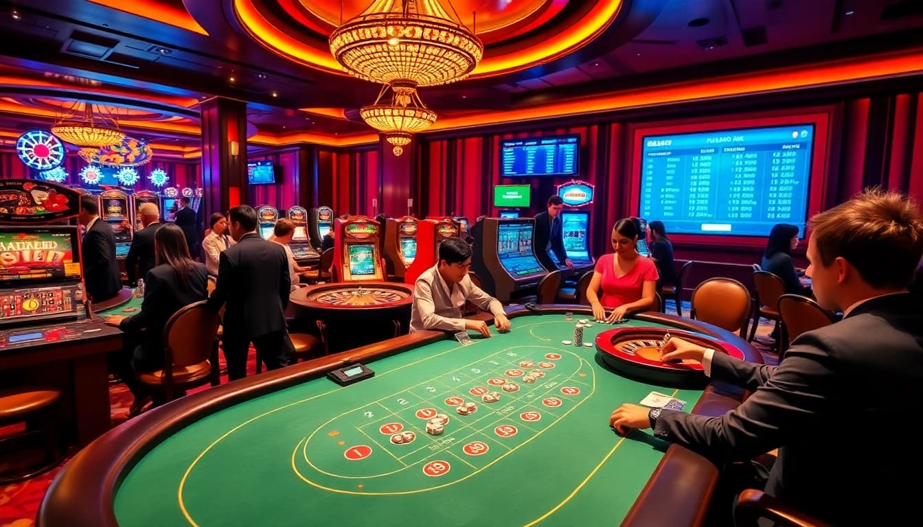 Joueurs à enjeux élevés engagés dans des jeux de casino en ligne palpitants à une élégante table de poker.