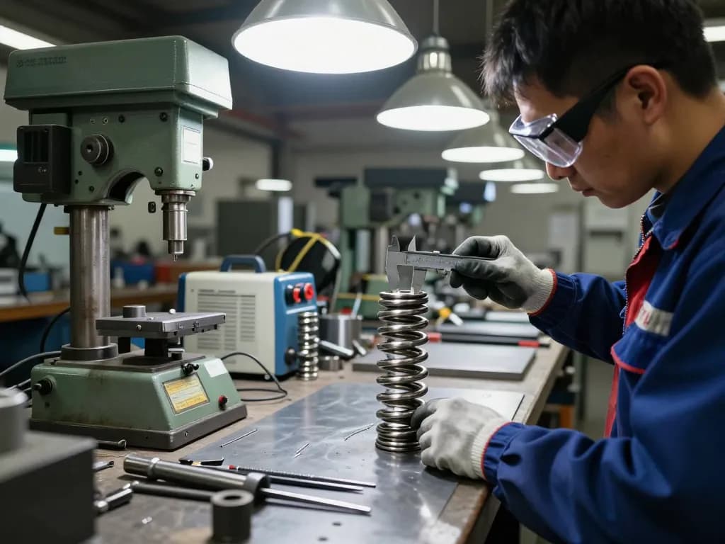 Tehnician inspectând arcuri conice fabricate din oțel inoxidabil într-un atelier.