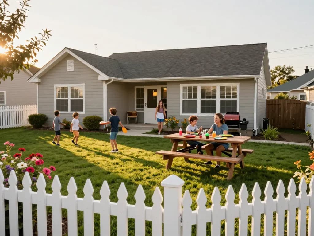 Fast cash for homes process visualized with a happy family enjoying their backyard, symbolizing a quick home sale.