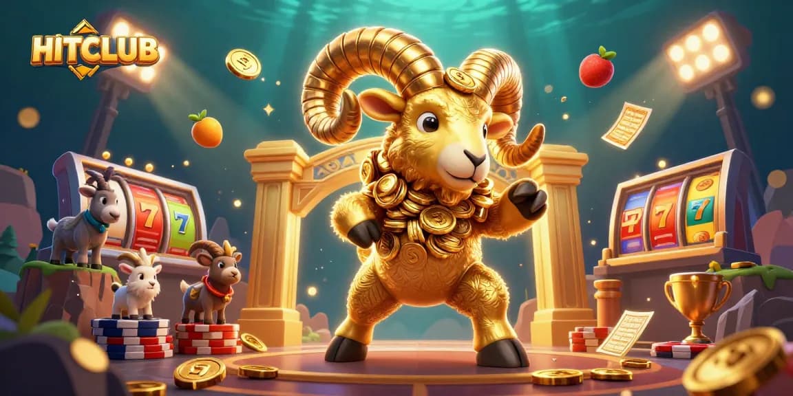 Experience HITCLUB's dynamic casino world with a charging golden ram and flying slot elements.
