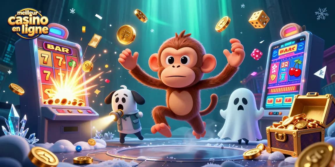 Découvrez le meilleur casino en ligne avec une illustration animée de jeux et jackpots éclatants.