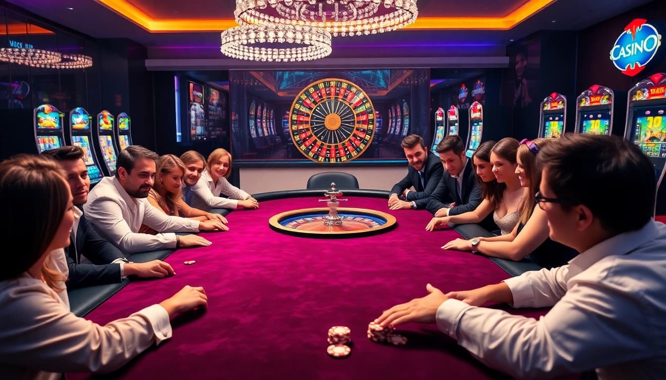 Scène captivante de casino en ligne présentant une table de poker et des machines à sous vibrantes.