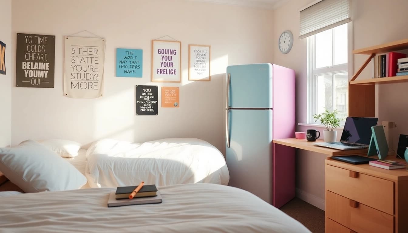 Discover the stylish dorm room fridge in a cozy, organized college setting.