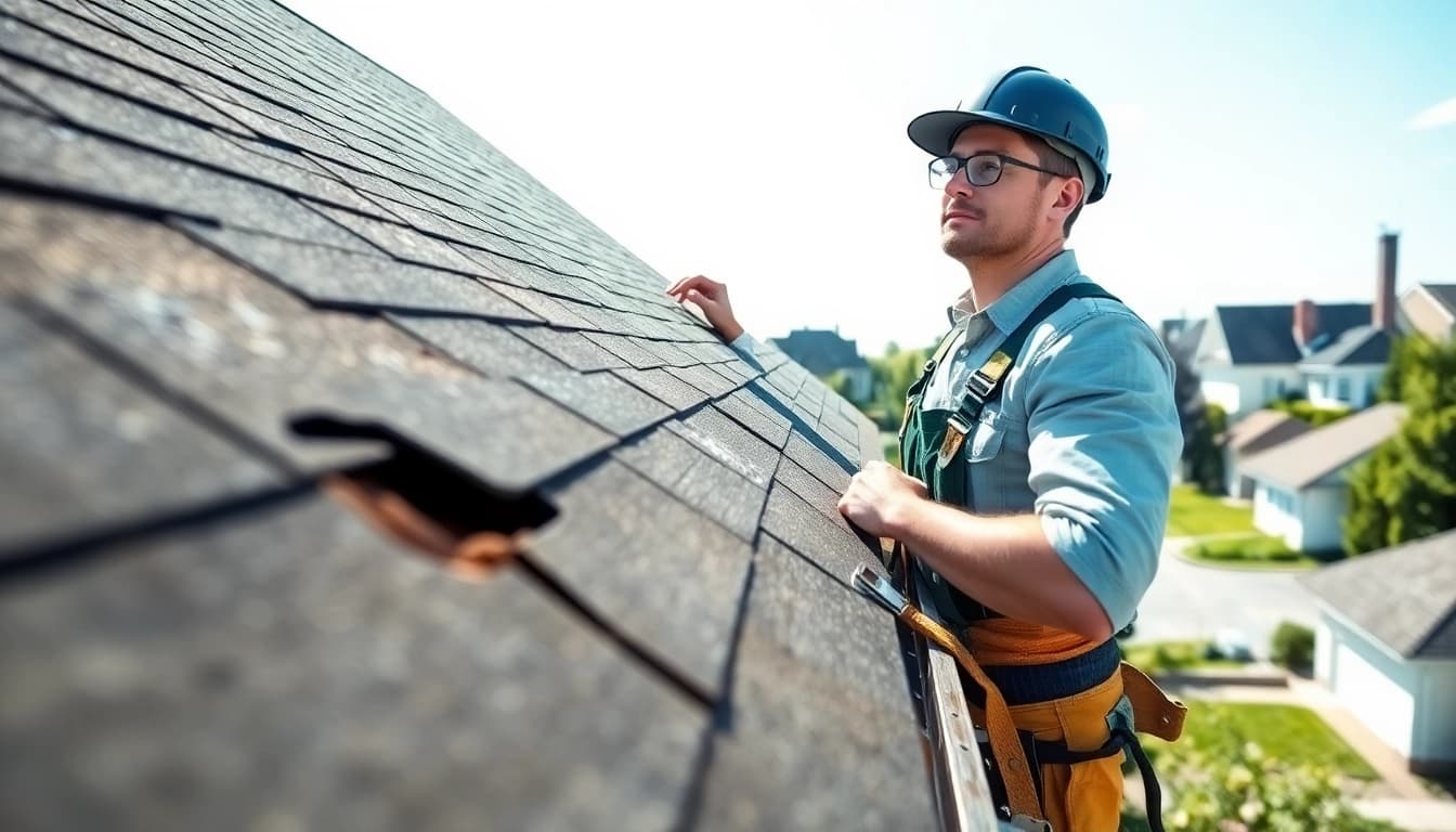 Professional examination for roof repair on a residential property highlighting essential tools and details.