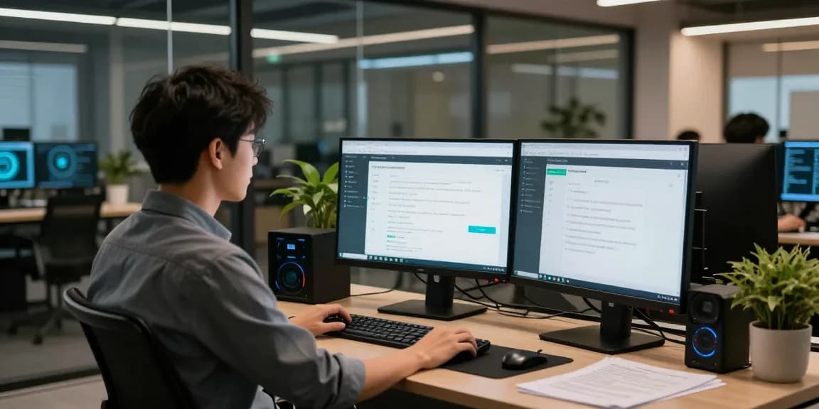 Security verification process at https://shs-dome5.com/ featuring an IT professional focused on browser checks and security protocols.