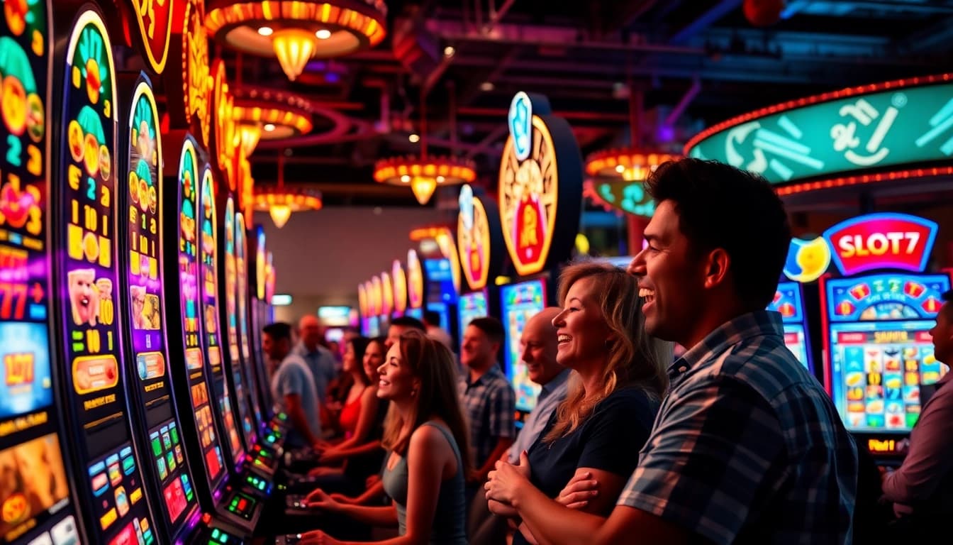 Menangkan di Slot77 dengan mesin slot yang berwarna cerah dan suasana kasino yang meriah.
