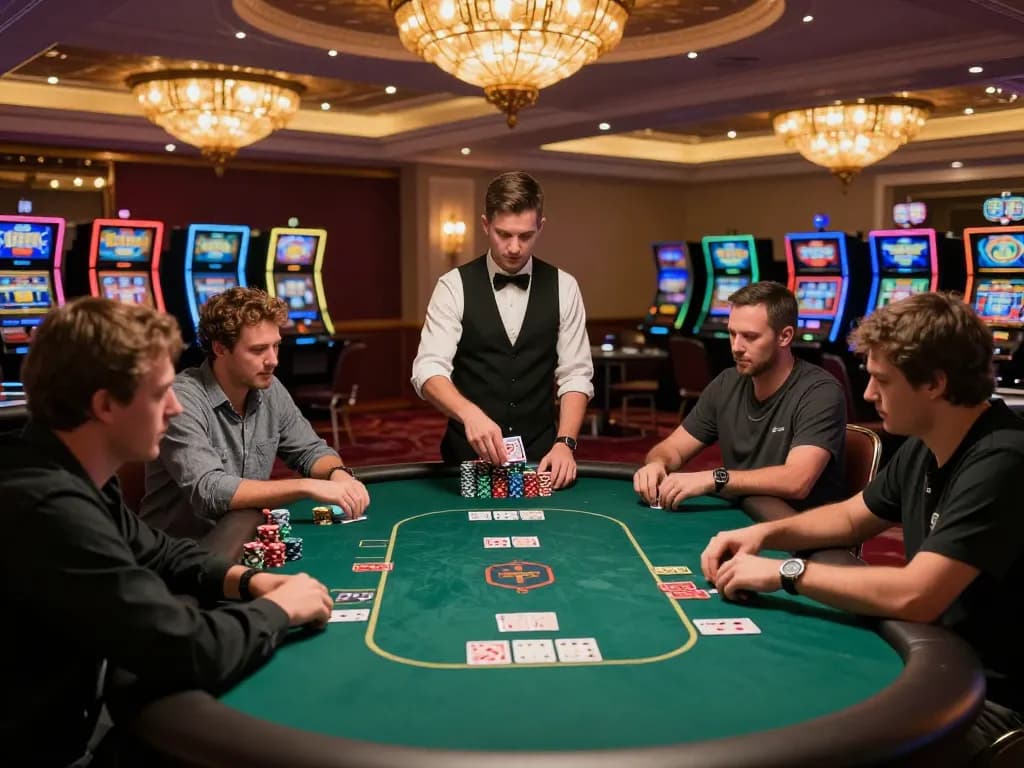Players strategizing at a poker table in a lively casino setting, revealing tr88 and dynamic gaming action.