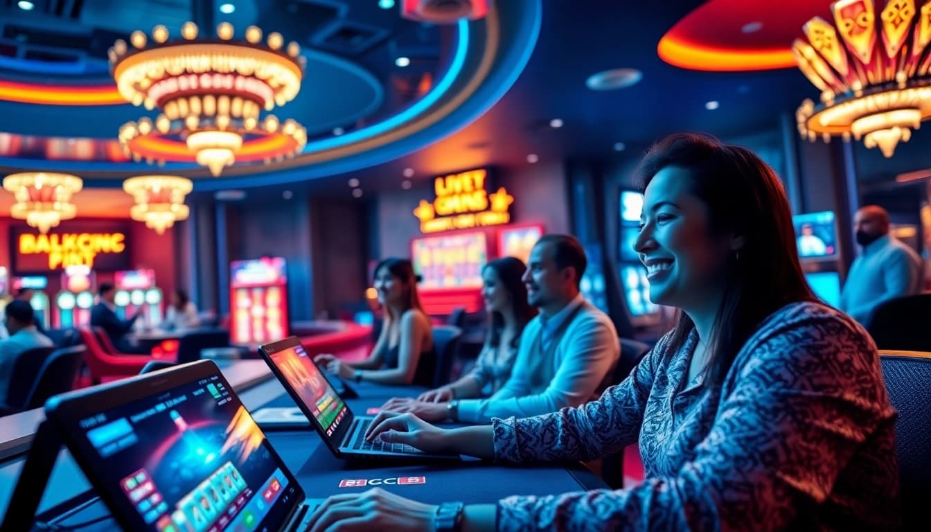 Engaging online gaming experience with 88clb, showcasing players interacting with live dealers in a vibrant casino atmosphere.