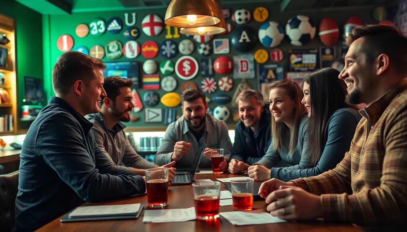 Engaging scenario with sports fans discussing sportsbooks in Oklahoma at a vibrant sports bar.