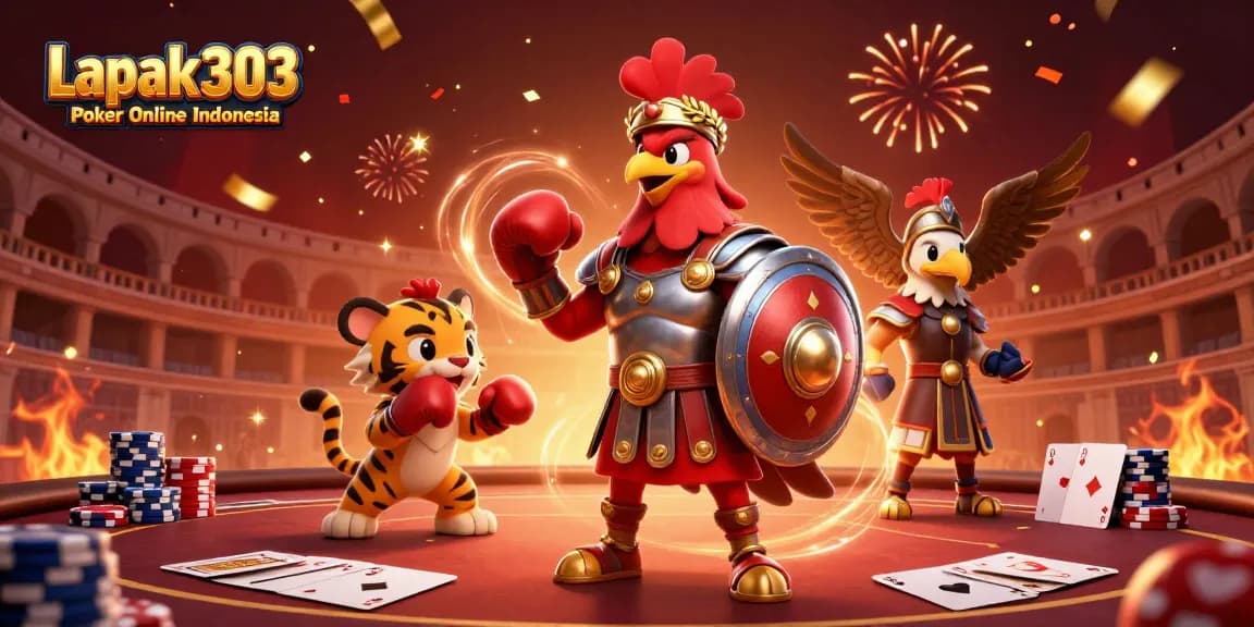 Engage with Lapak303 Poker Online Indonesia in this vibrant 3D poker scene featuring dynamic characters and rich details.