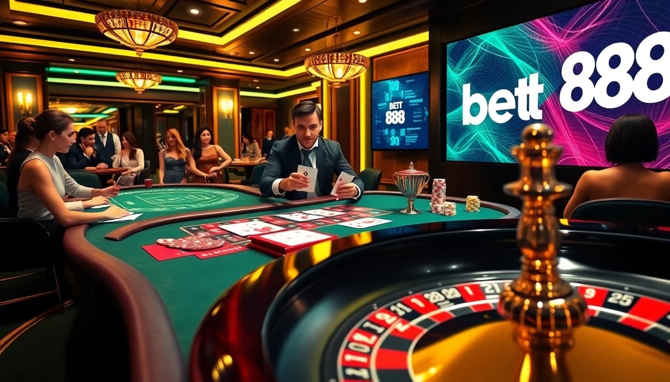 Players engaged in a thrilling poker game at Bet88's luxurious casino table, showcasing excitement and professionalism.