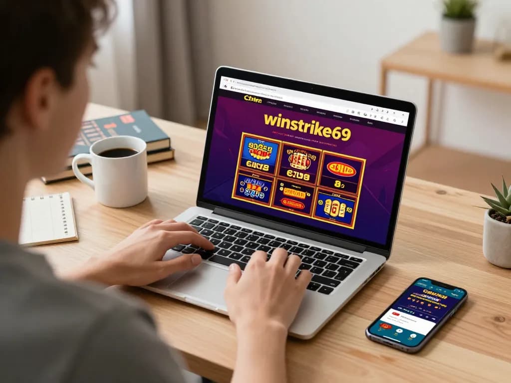 Engage in online gaming with winstrike69 featuring a player using a laptop for a casino game.