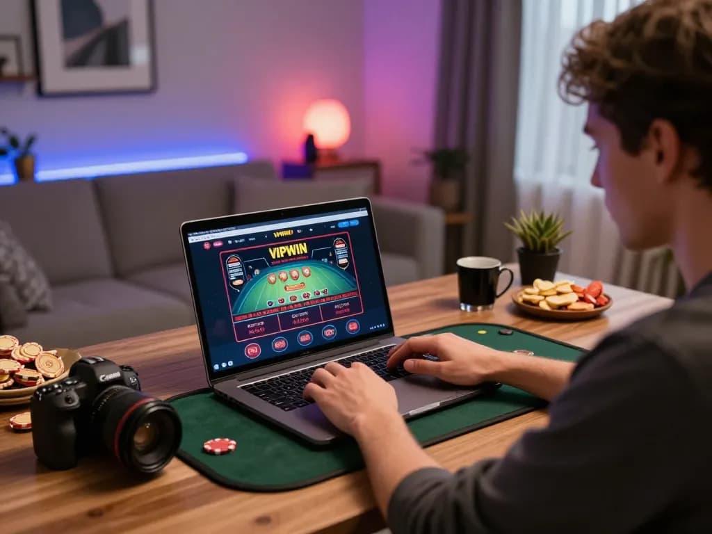 Engaging in strategic gameplay on VIPWIN's casino platform from a cozy home office setup.