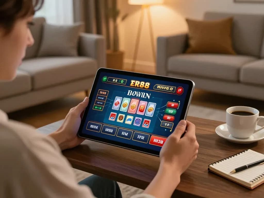Person playing RR88 casino games on a tablet in a stylish home setting.