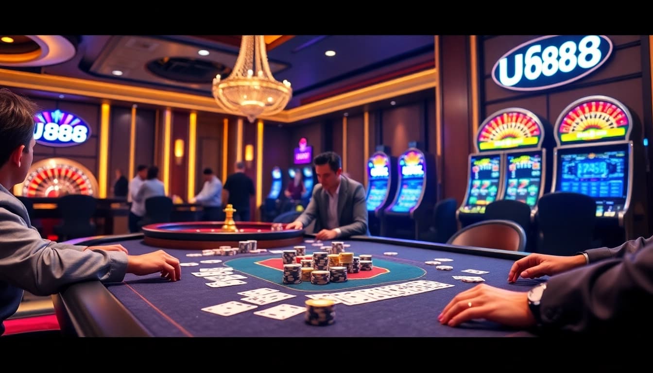 Exciting players engaging at U888's luxurious casino scene with poker tables and roulette wheel.