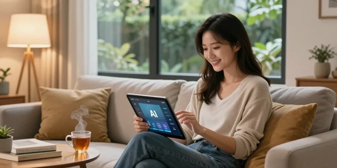 Girlfriend AI interaction in a cozy home, showcasing technology and personal connection.