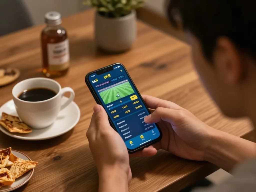 Engaging scene of a player using the bk8 app for sports betting, enjoying a cozy atmosphere.
