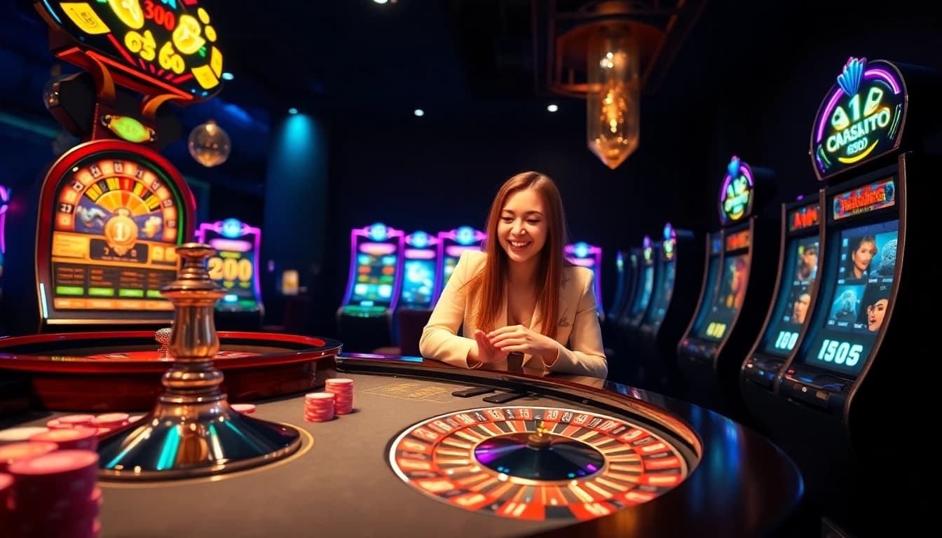 Experience thrilling khuyến mãi 28bet with vibrant casino gaming visuals, featuring exciting slot machines and a roulette table.