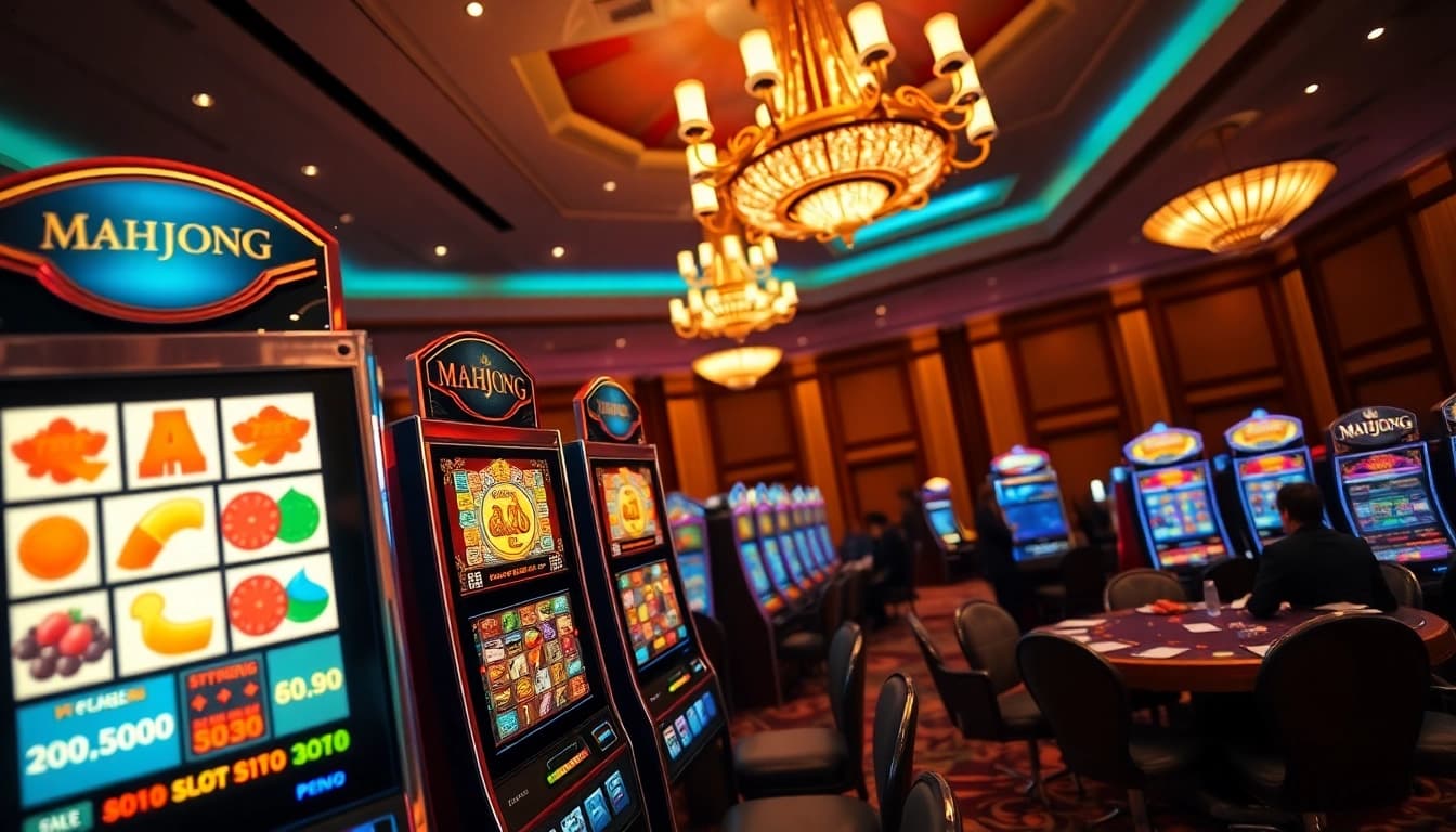 Experience the mahjong slot demo with vibrant symbols on an elegant casino slot machine.