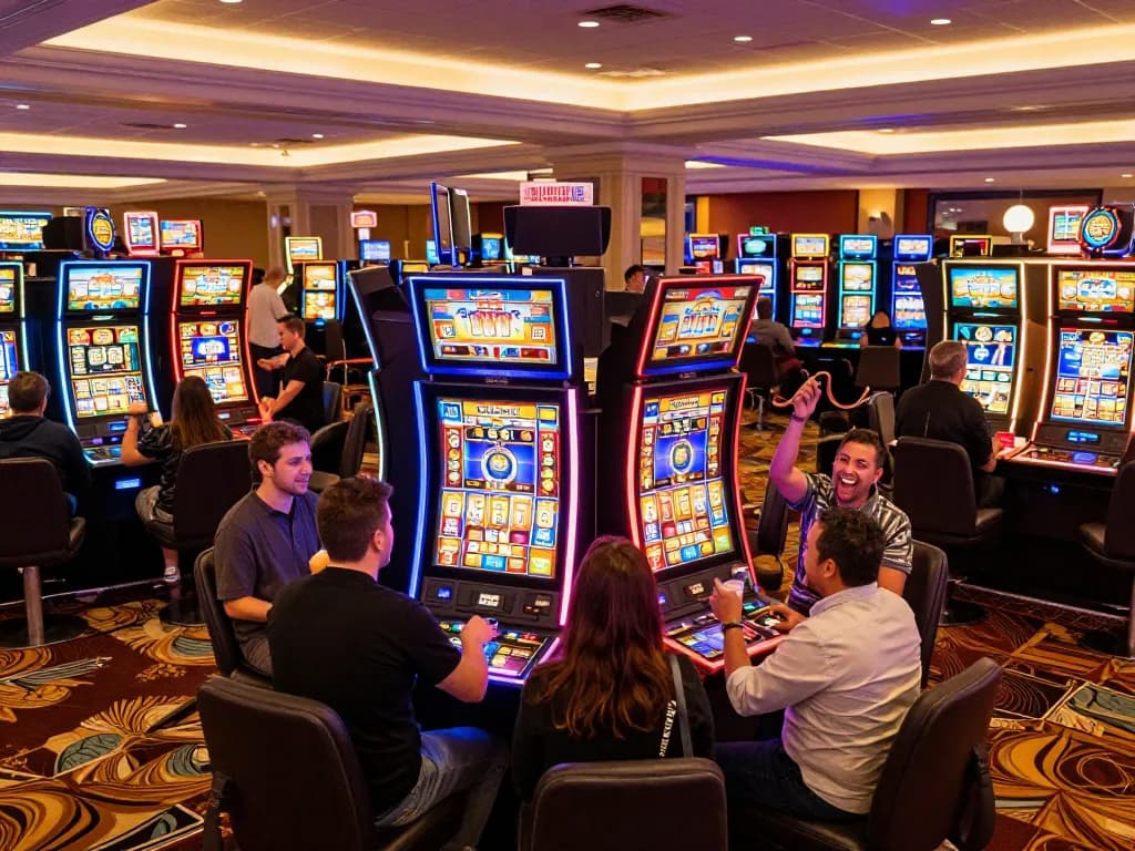 Players enjoying vibrant slot machines at TV88, celebrating wins in a lively casino atmosphere.