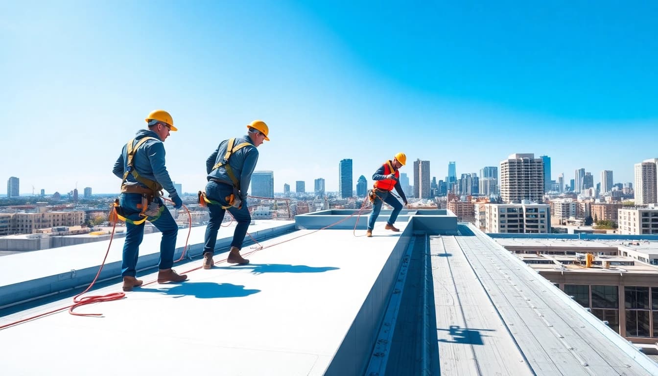 Efficient team delivering commercial roofing services with professionalism on a bright day.
