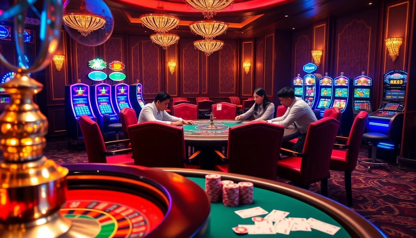 Experience the thrill of NK88 casino gaming with vibrant poker chips and a classic roulette wheel in an elegant setting.