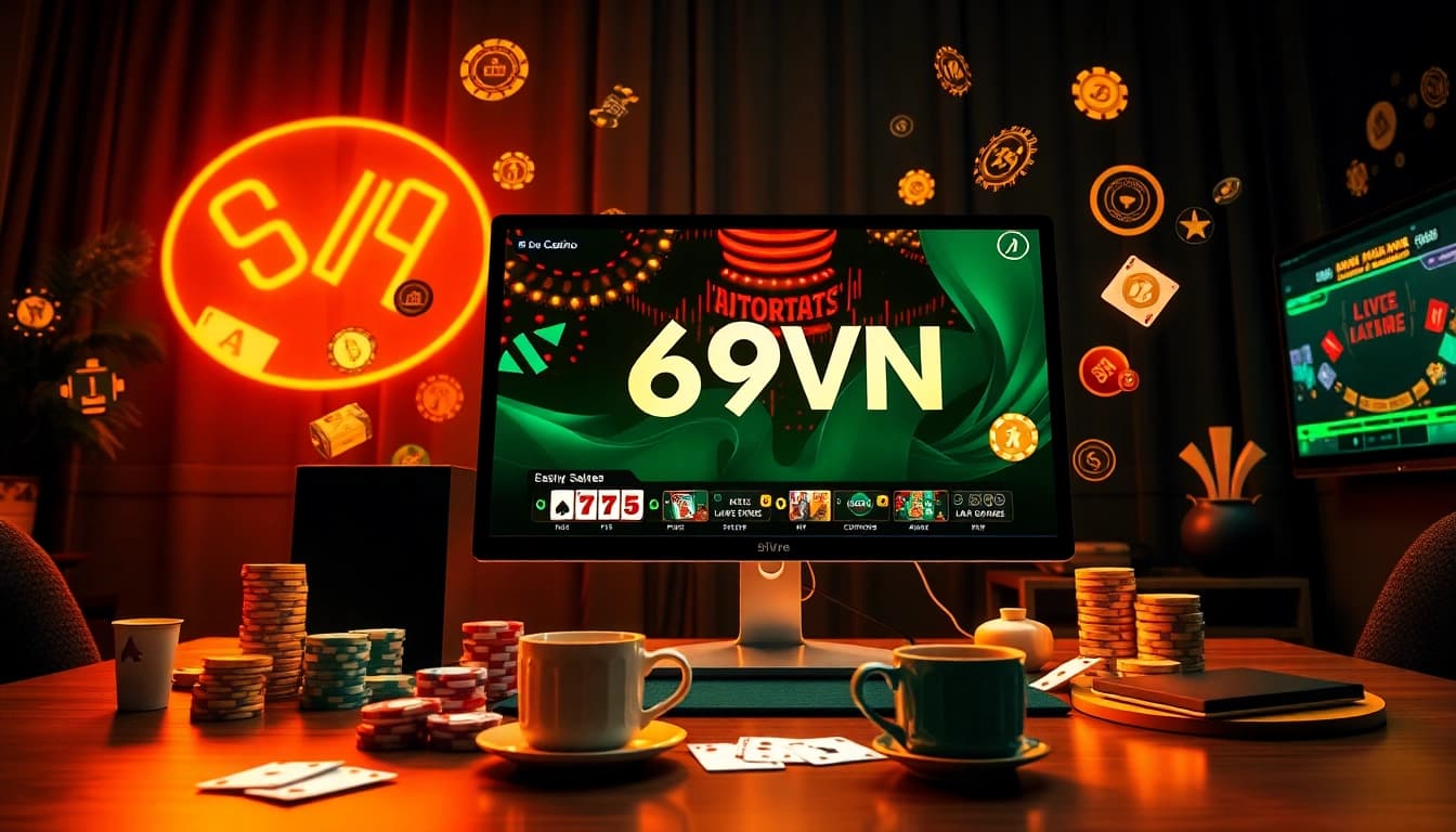 Engaging online gaming scene at Nhà cái 69VN with casino elements like poker and slots.