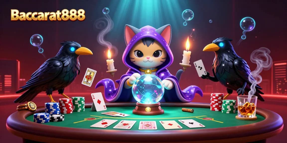 Baccarat888 players enjoying a mystical card game experience with a fortune teller cat, enhancing their gaming strategy.