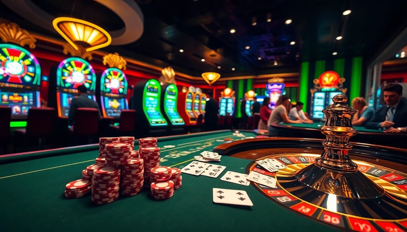 Thrilling casino experience at Thabet77 with vibrant gaming tables and luxury attributes.