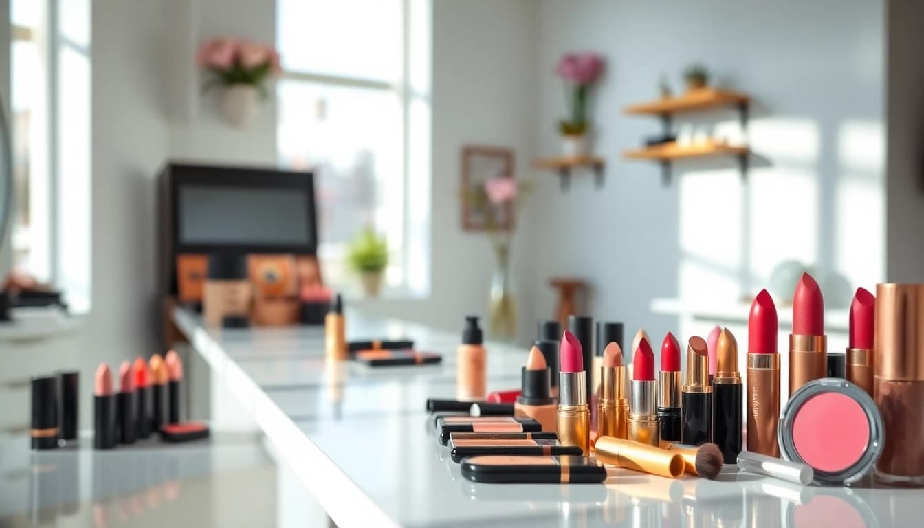 Wholesale makeup suppliers showcase vibrant beauty products elegantly arranged in a modern studio.