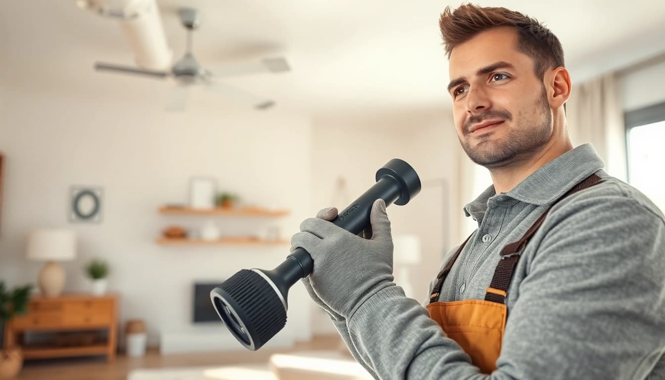 Efficient duct cleaning and HVAC inspection by a skilled technician in a bright home.