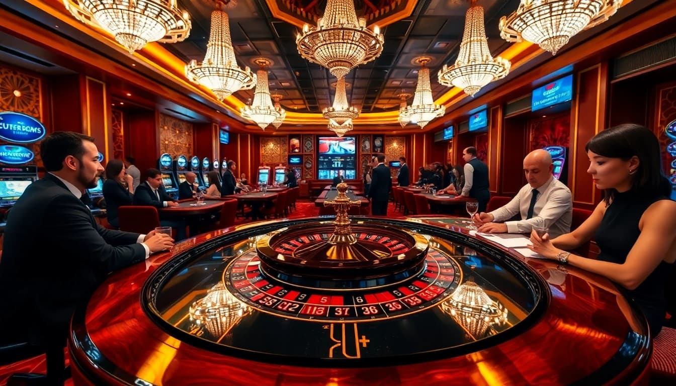 Engaging scene at Man88 casino with sophisticated gamblers at roulette and poker tables.