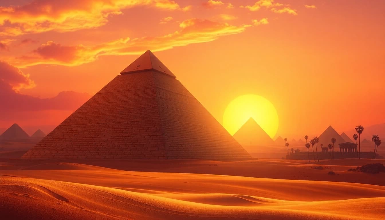 Visit https://piraminds.com/ to discover the majestic Great Pyramid of Giza against a stunning sunset backdrop.