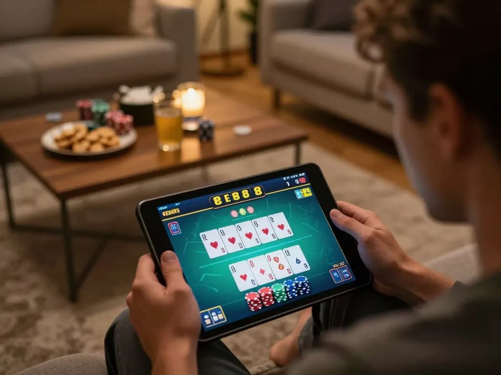 Engaged user enjoying EE88 poker game on tablet in cozy home setting