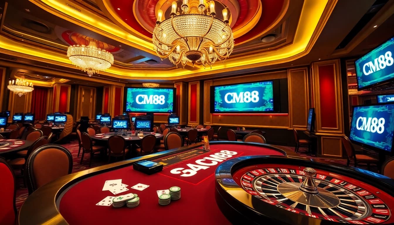 Experience the excitement of CM88 with vibrant gambling scenes featuring poker and roulette.