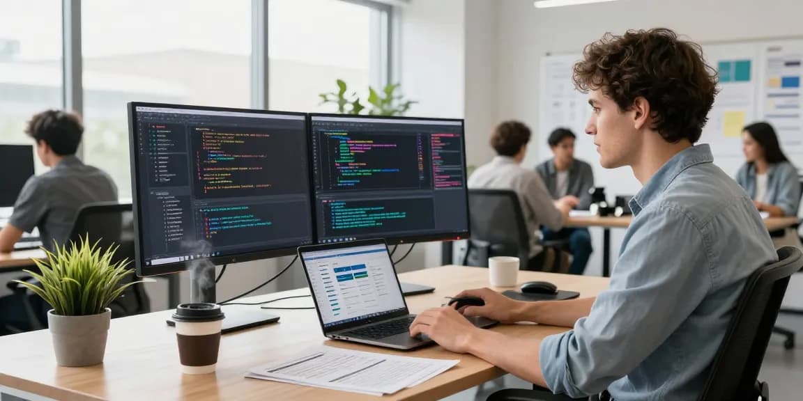 Developer in a modern office showcasing 纸飞机下载 on dual monitors, emphasizing a dynamic workspace.