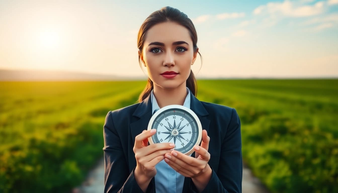 Find my true calling represented by a professional woman at a crossroads, contemplating her future.