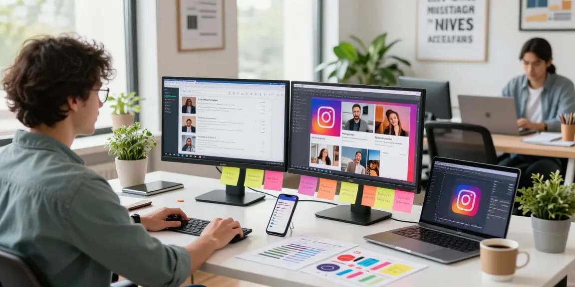 Marketer analyzing real Instagram views in a vibrant workspace