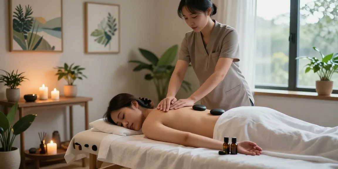 마사지 테라피룸에서 아로마 오일을 사용해 고객의 등을 마사지하는 모습, 편안한 분위기와 편안함을 강조함