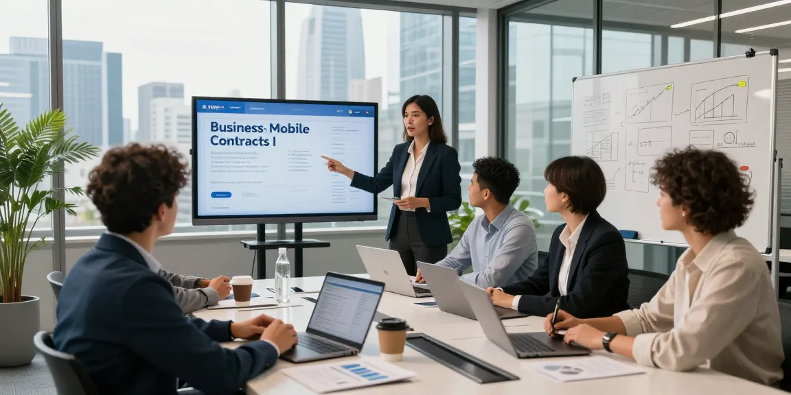 Team discussing business mobile contracts UK options in a modern office setting.