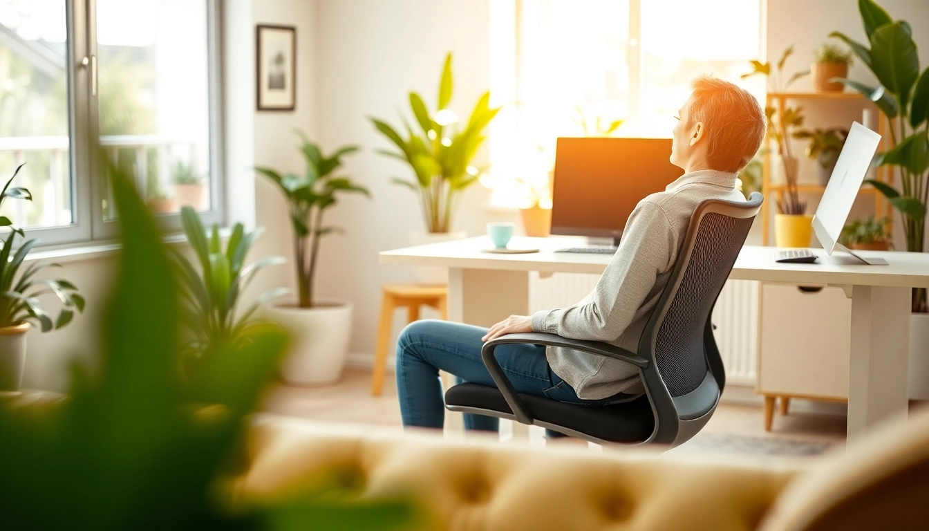 Showcasing posture support in an ergonomic workspace setup, ensuring comfort and health.
