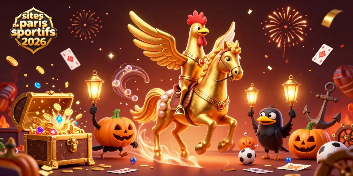 Illustration représentant une scène de paris sportifs 2026 avec des personnages fantastiques et des éléments de casino.