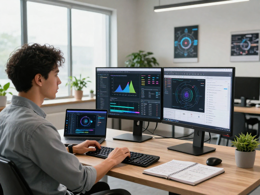 AI detector metrics dashboard and algorithm model in a modern workspace.