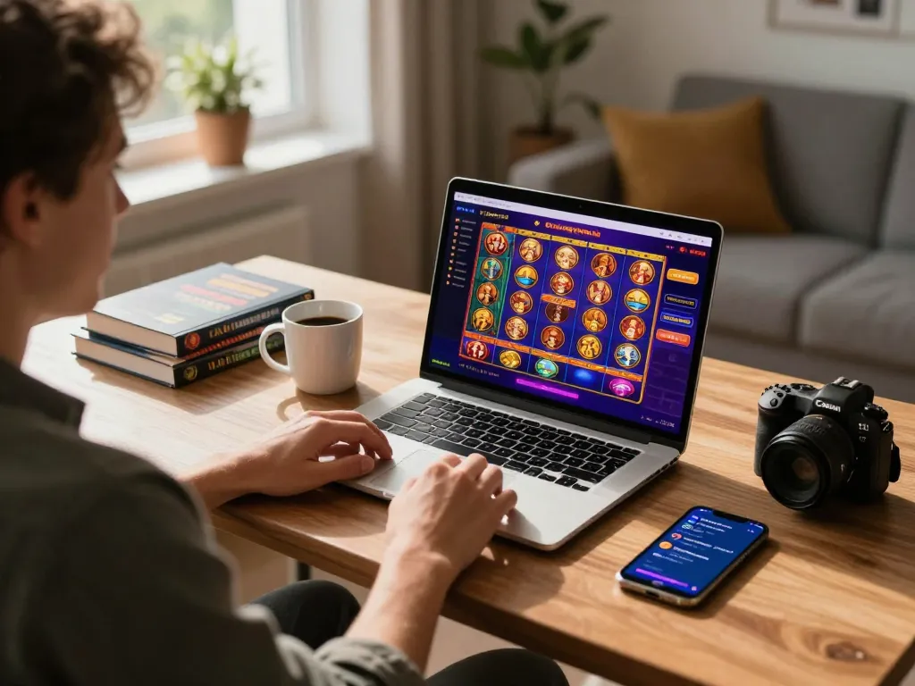 Engaging in online casinos Canada through vibrant games on a laptop at a cozy home setup.