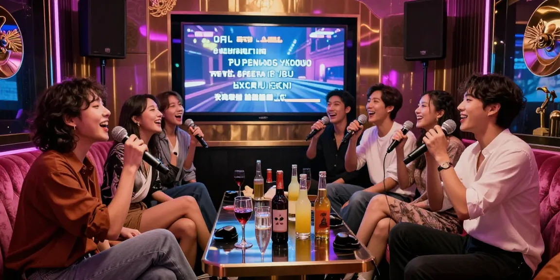 강남 가라오케에서 친구들과 함께 즐거운 시간을 보내는 모습, 고급스러운 인테리어와 화려한 조명이 매력적입니다.