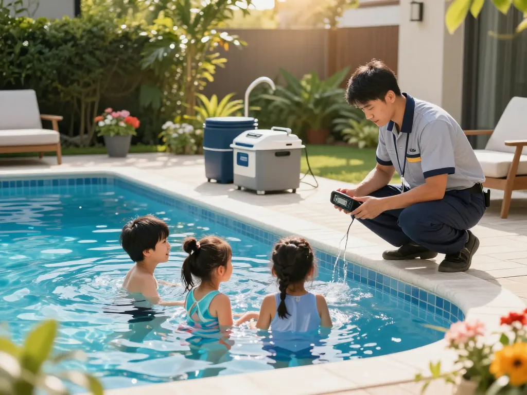 Dolphin Pool Services family enjoying their sparkling pool with a technician performing expert maintenance.