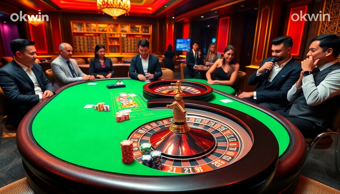 Experience high-energy poker play at okwin’s luxurious gambling table filled with colorful chips and cards.