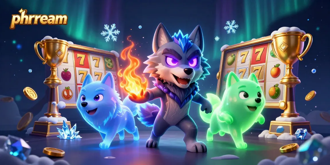 Spin to win with phdream's vibrant illustration featuring a wolf pack and dynamic slots!