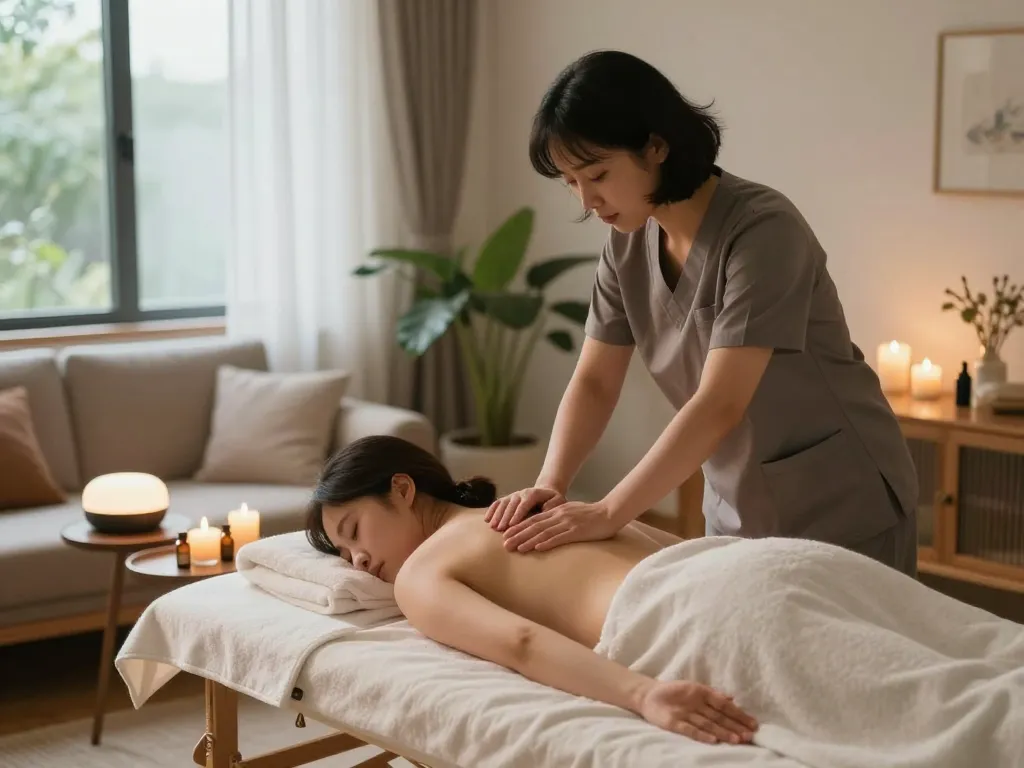 A soothing 부천 출장마사지 session in a cozy living room with calming atmosphere and professional therapist.